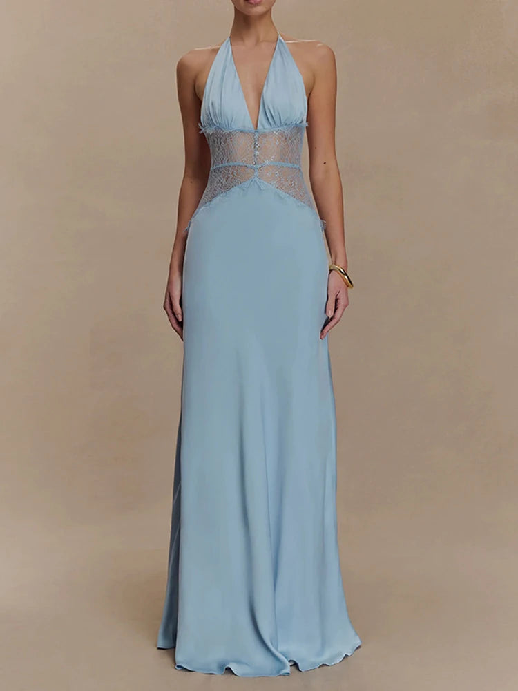 Elegant Backless Halter Maxi Dress with Lace Waist – Deep V Neck Sleeveless Summer Gown