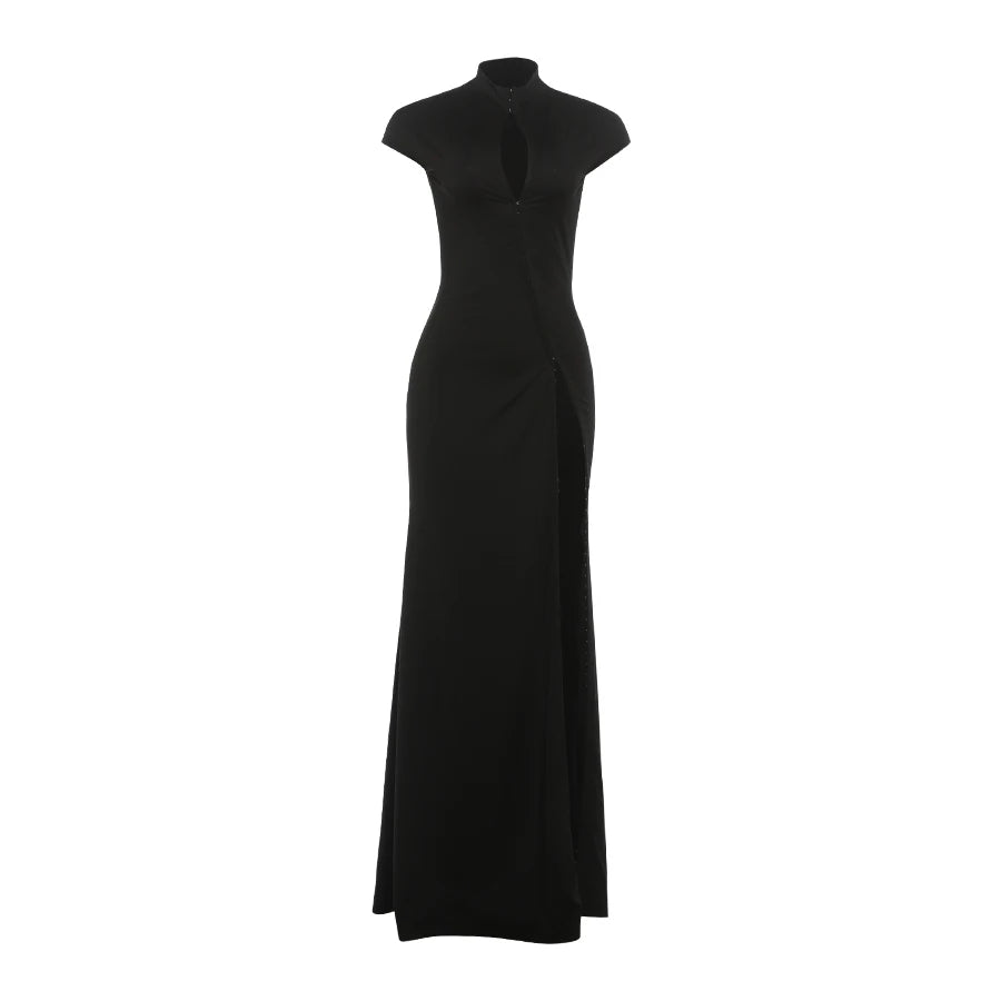 Black Bodycon Maxi Dress with O-Neck Cutout, Short Sleeves, High Split and Metal Buckle Detail