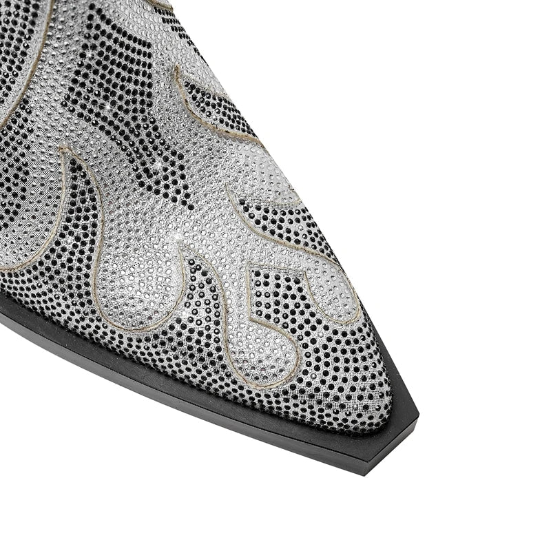 FLAME SHAPE SHORT BOOTS THICK HEEL with CRYSTALS