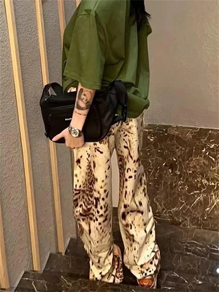 Leopard Print Wide Leg Jeans – High Waisted Vintage Streetwear Denim Pants for Women