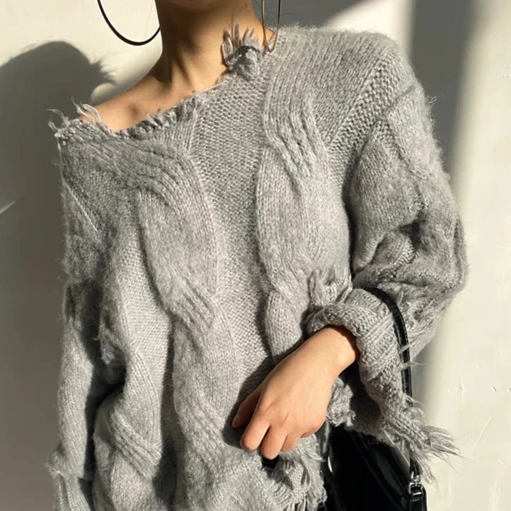 LONG KNITTED PULLOVER with RIPPING - Grey