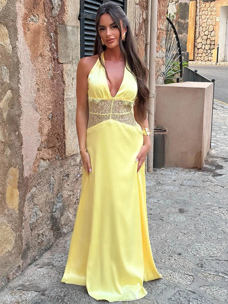 Elegant Backless Halter Maxi Dress with Lace Waist – Deep V Neck Sleeveless Summer Gown