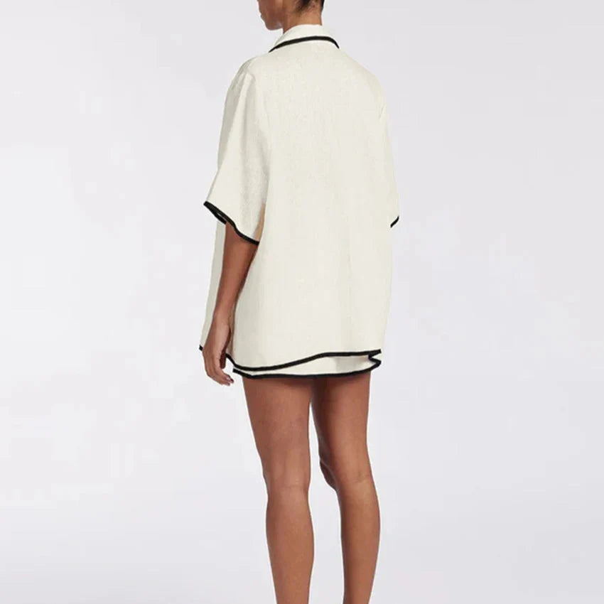 BEIGE COTTON SET HALF SLEEVE BLOUSE and MINI SKIRT