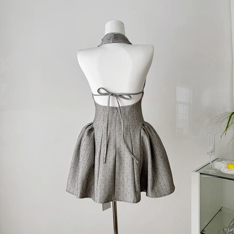 Gray Halter Neck Mini Dress – Sexy V-Neck Backless Party Dress for Women