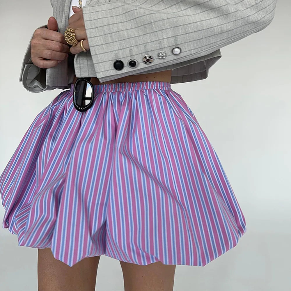 Striped Pleated High Waist Mini Skirt – French Summer Fluffy Skirt 2025
