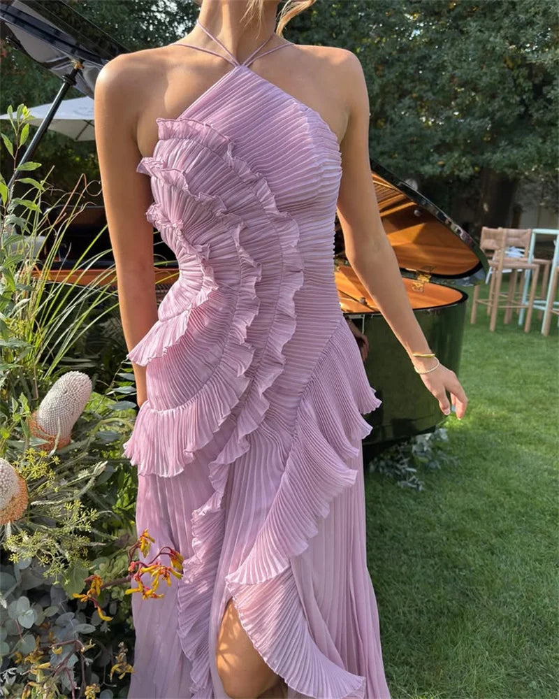 Lavender One-Shoulder Ruffled Maxi Dress – Elegant Pleated Backless Gown for Evening Events
