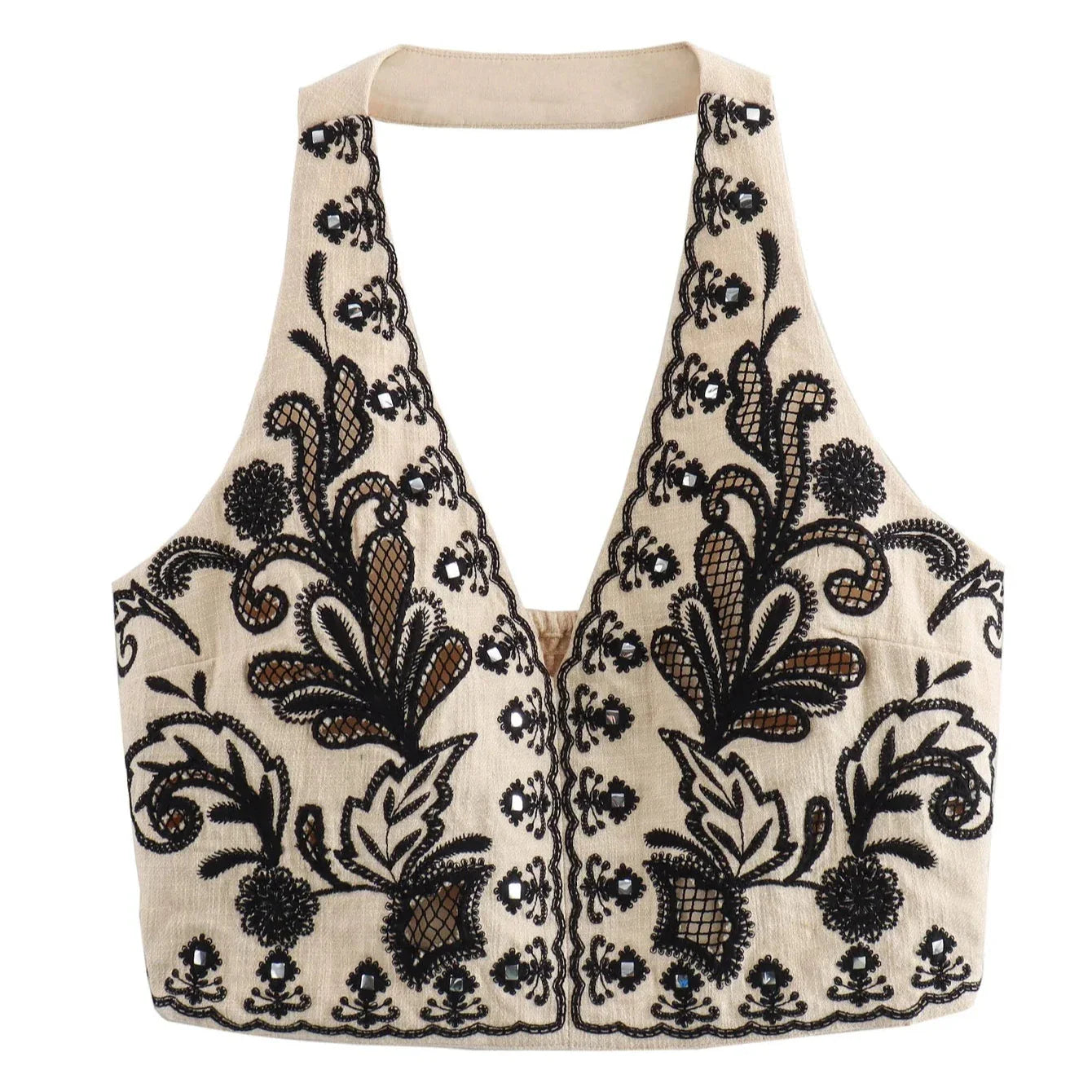 WHITE EMBROIDERED MINI SKIRT and HALTER CROP TOP 2 PEACE SET