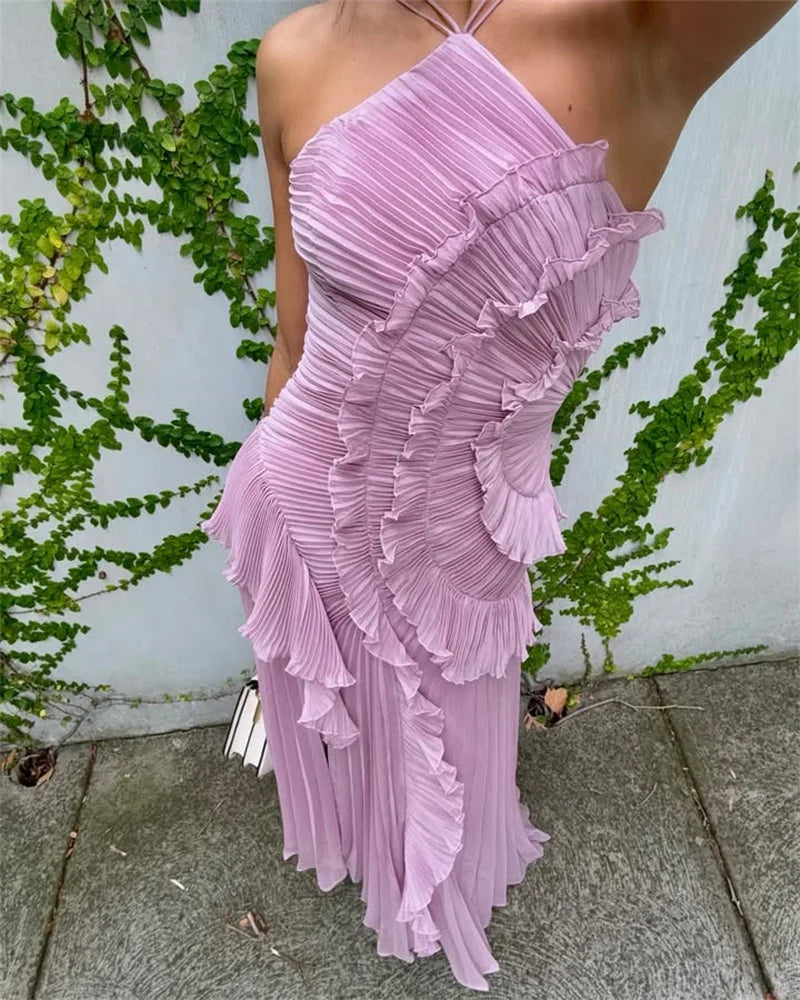 Lavender One-Shoulder Ruffled Maxi Dress – Elegant Pleated Backless Gown for Evening Events