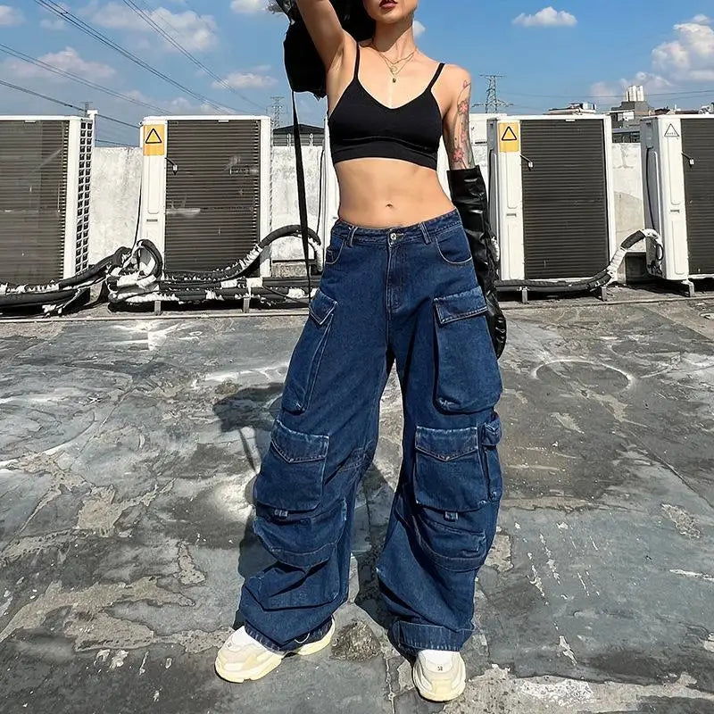 BLUE LOW WAISTED CARGO JEANS with POCKETS