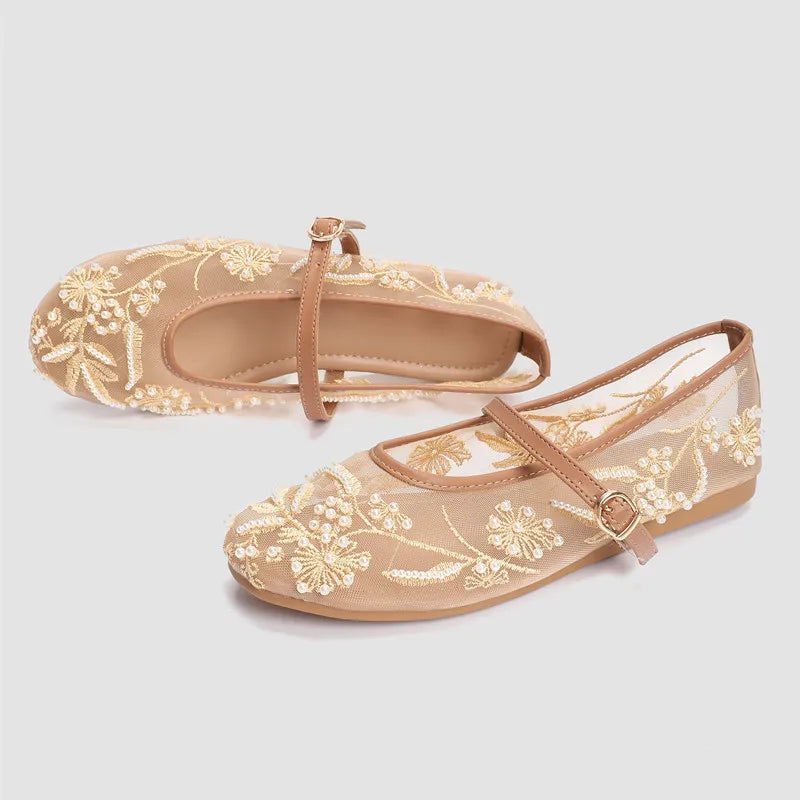 Embroidered Mesh Ballet Flats – Beaded Mary Jane Shoes with Pearl Details for Women