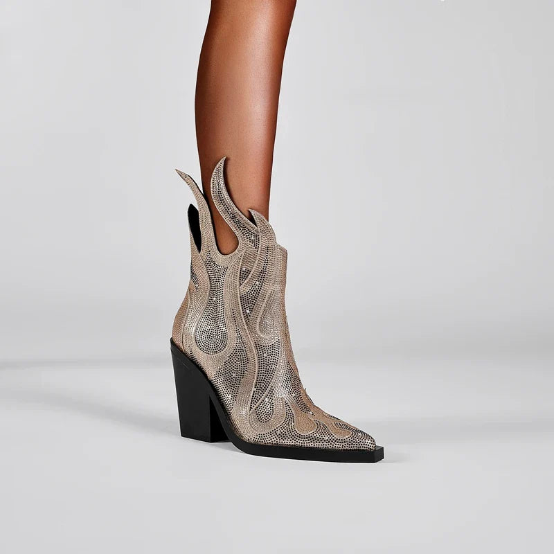 FLAME SHAPE SHORT BOOTS THICK HEEL with CRYSTALS