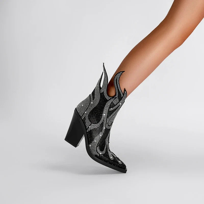 FLAME SHAPE SHORT BOOTS THICK HEEL with CRYSTALS