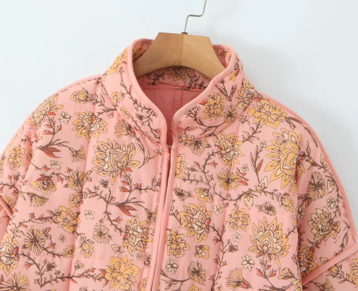 Printed Quilted Cotton Jacket – V Neck Loose Fit Single Breasted Outerwear for Women