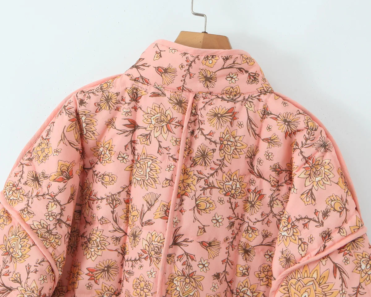 Printed Quilted Cotton Jacket – V Neck Loose Fit Single Breasted Outerwear for Women