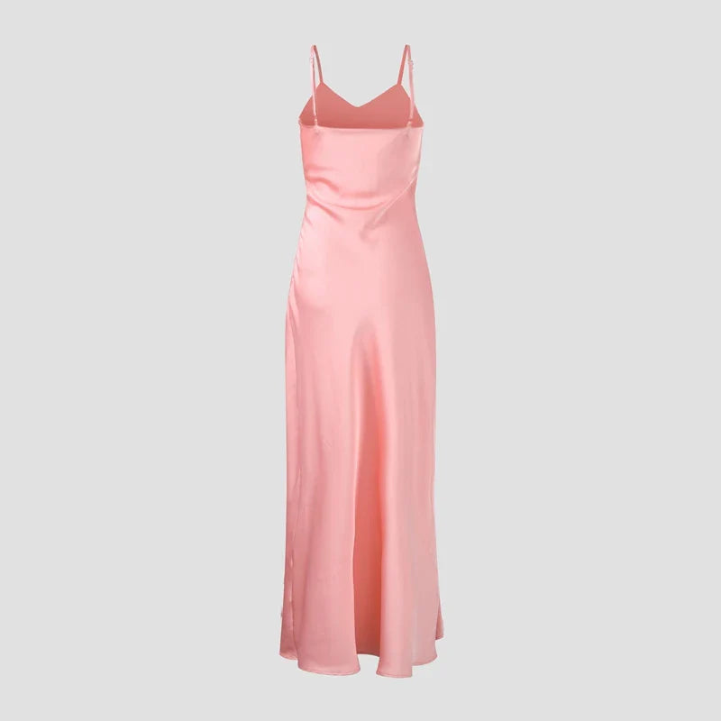 PINK LACE SATIN HIGH SLITS DRESS