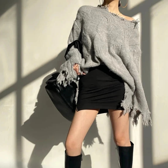 LONG KNITTED PULLOVER with RIPPING - Grey
