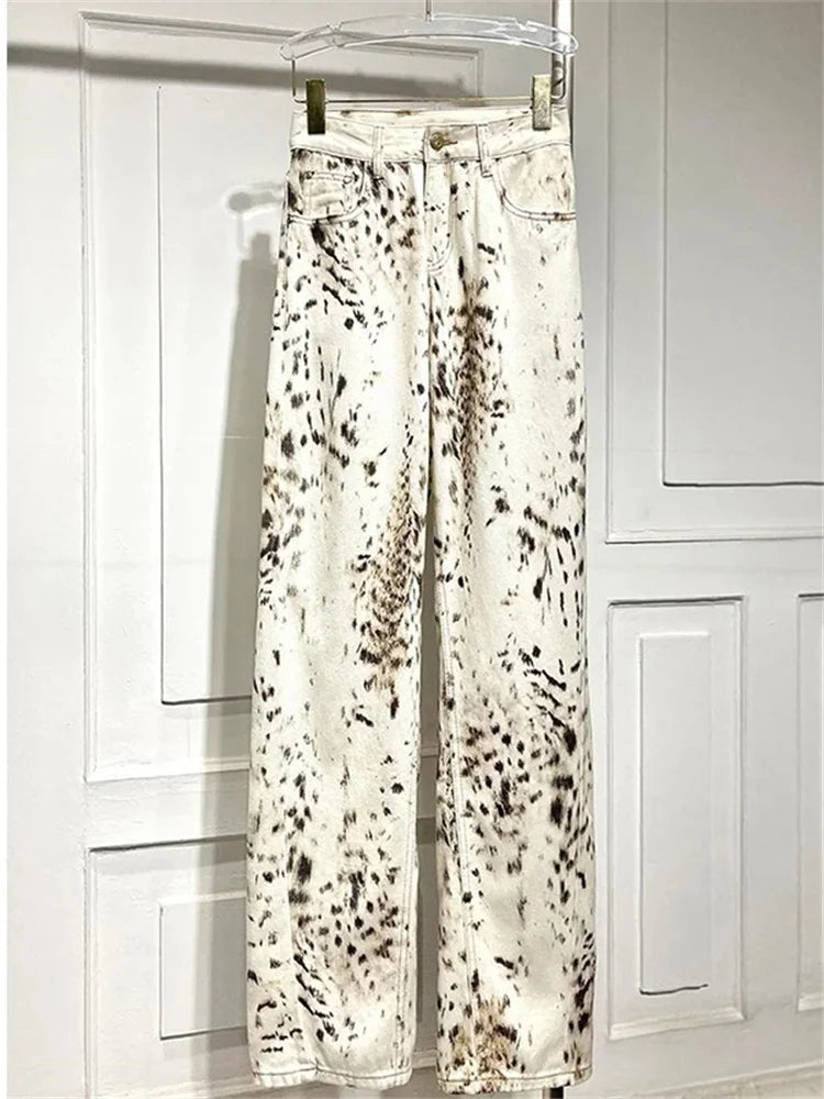 Leopard Print Wide Leg Jeans – High Waisted Vintage Streetwear Denim Pants for Women