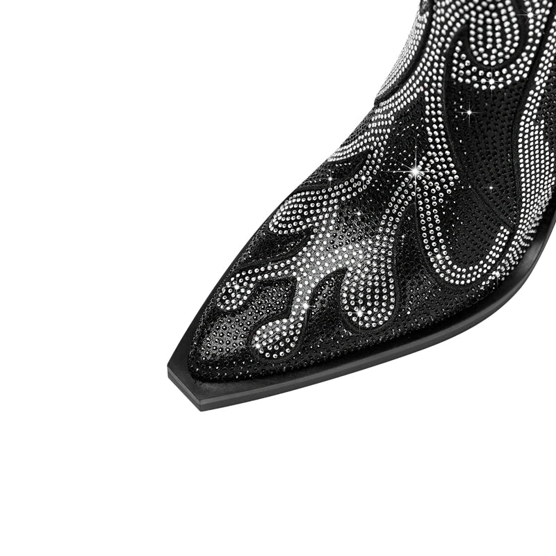 FLAME SHAPE SHORT BOOTS THICK HEEL with CRYSTALS