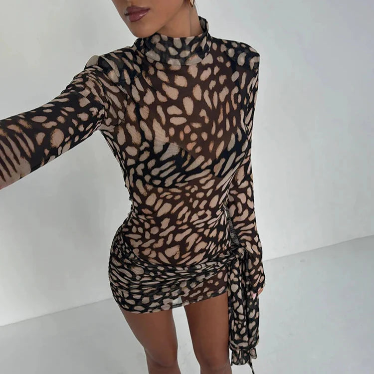 LEOPARD PRINT LONG SLEEVE MINI DRESS with TRAIN