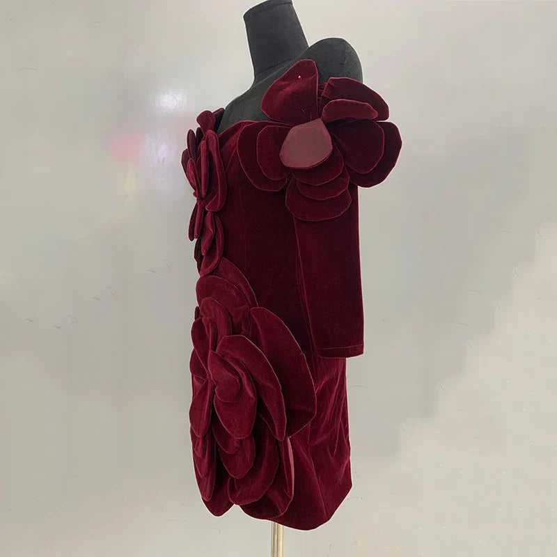 PATCHWORK FLOWER VELVET MINI DRESS with SLEEVES