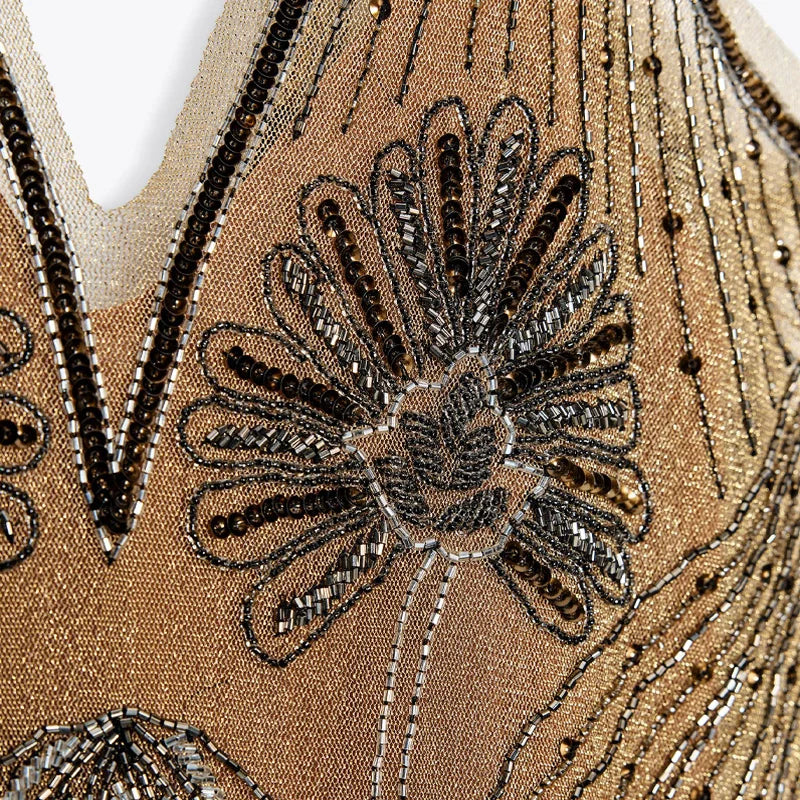 EMBROIDERY FLORAL BEADING BEIGE MINI DRESS