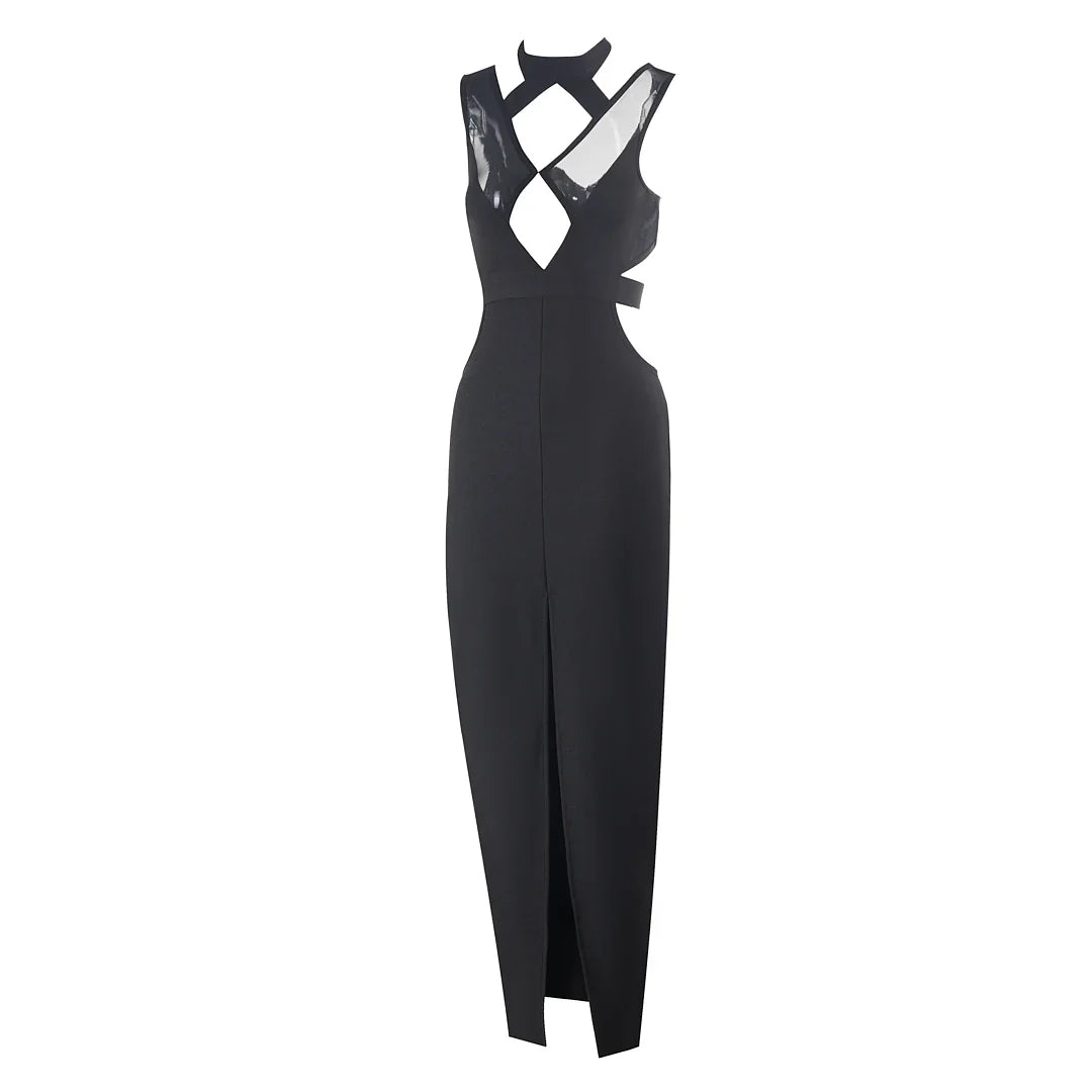 MESH HOLLOW OUT BANDAGE MAXI DRESS