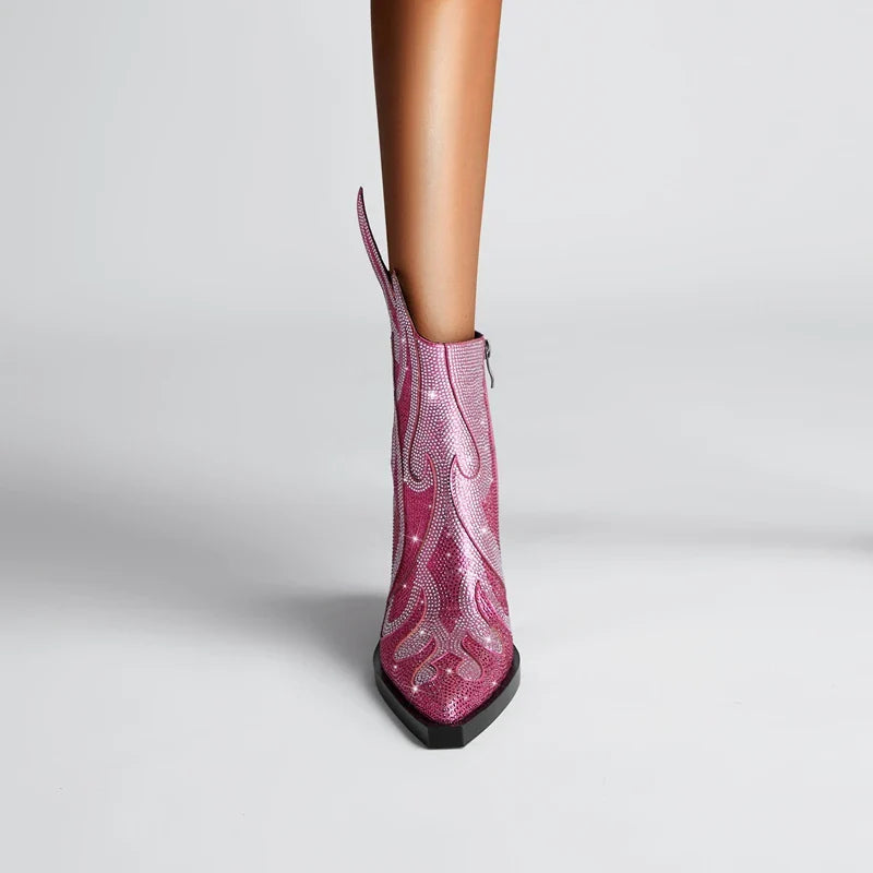 FLAME SHAPE SHORT BOOTS THICK HEEL with CRYSTALS