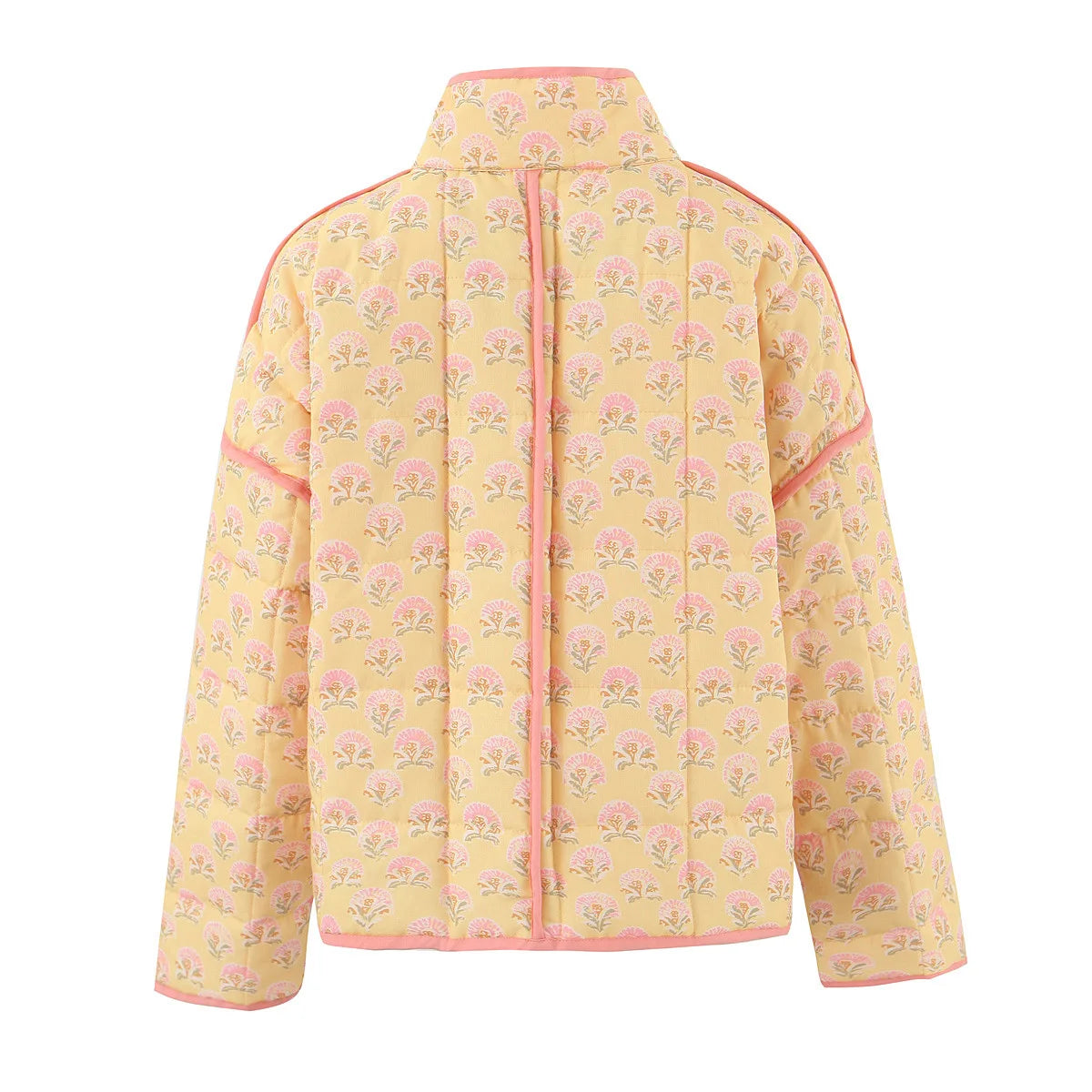 Printed Quilted Cotton Jacket – V Neck Loose Fit Single Breasted Outerwear for Women