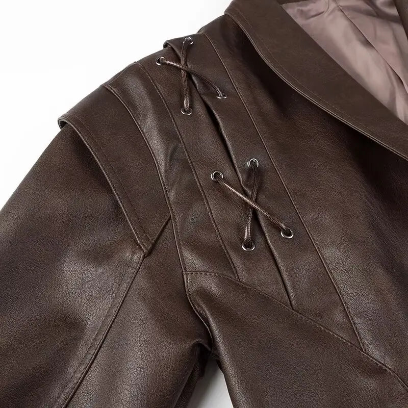 Chic Faux Leather Jacket for Women – Belted PU Coat with Dropped Shoulders