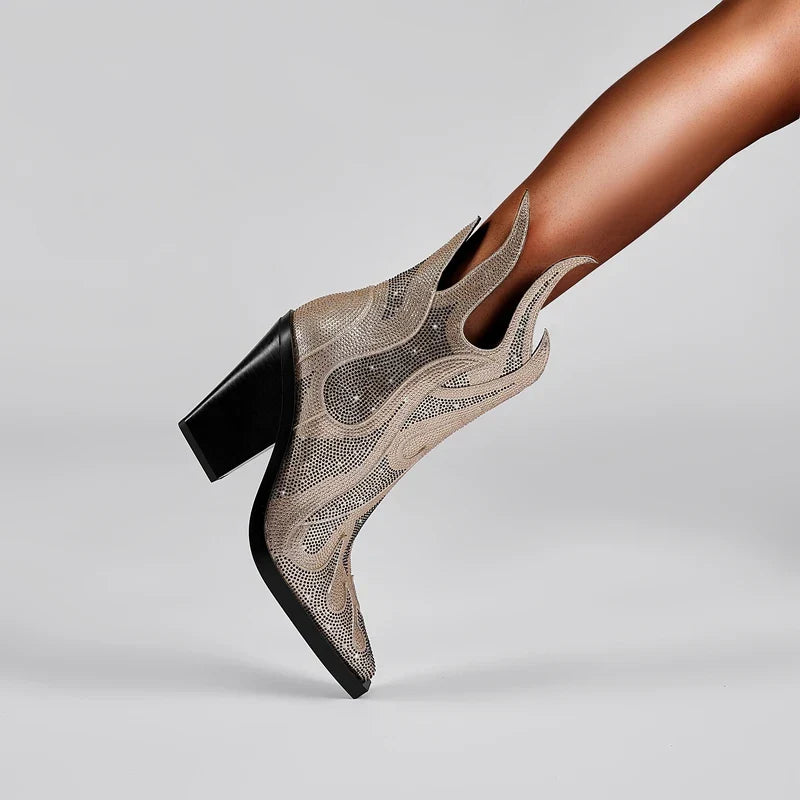 FLAME SHAPE SHORT BOOTS THICK HEEL with CRYSTALS