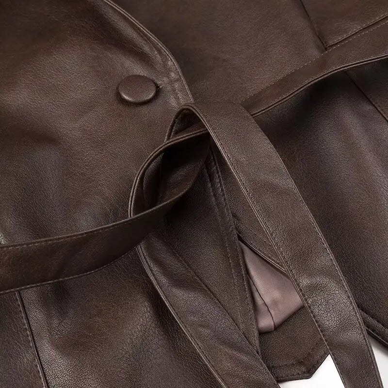 Chic Faux Leather Jacket for Women – Belted PU Coat with Dropped Shoulders