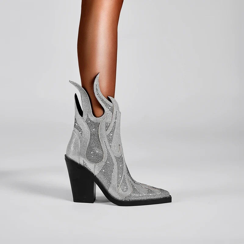 FLAME SHAPE SHORT BOOTS THICK HEEL with CRYSTALS