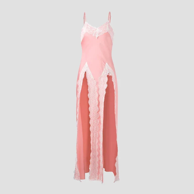 PINK LACE SATIN HIGH SLITS DRESS