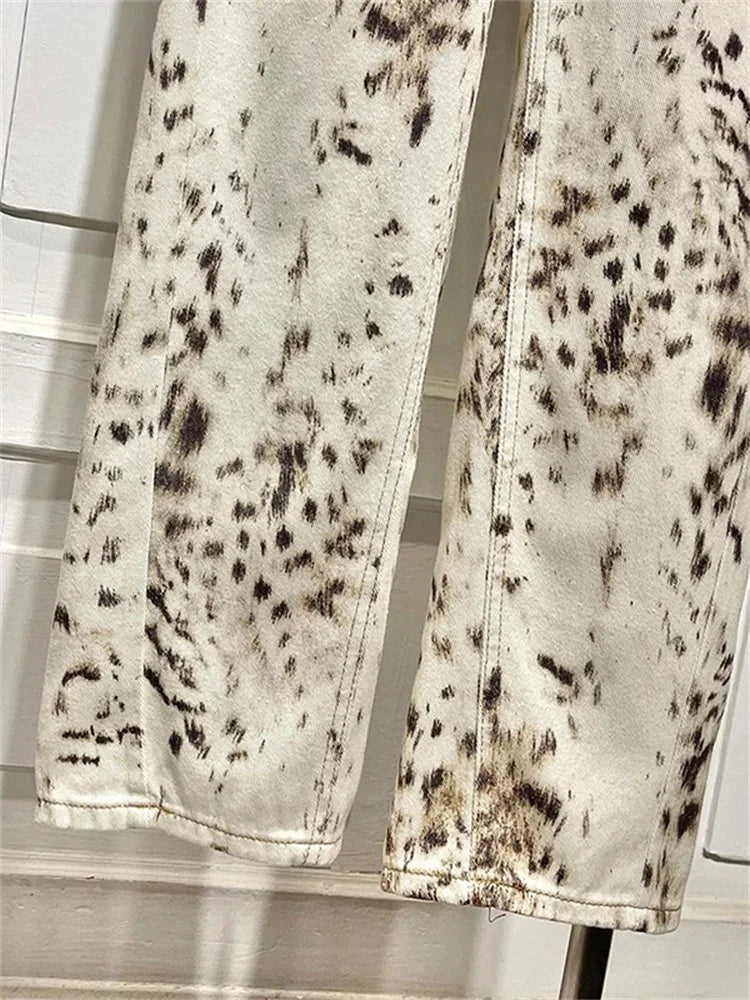 Leopard Print Wide Leg Jeans – High Waisted Vintage Streetwear Denim Pants for Women