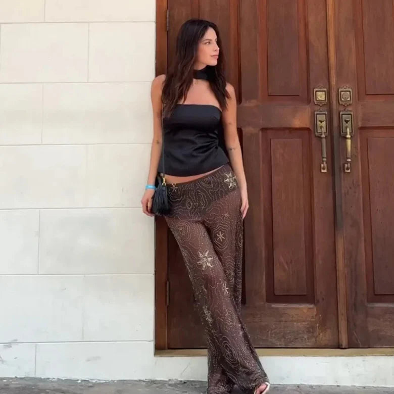 EMBOINED BROWN SEQUIN PANTS