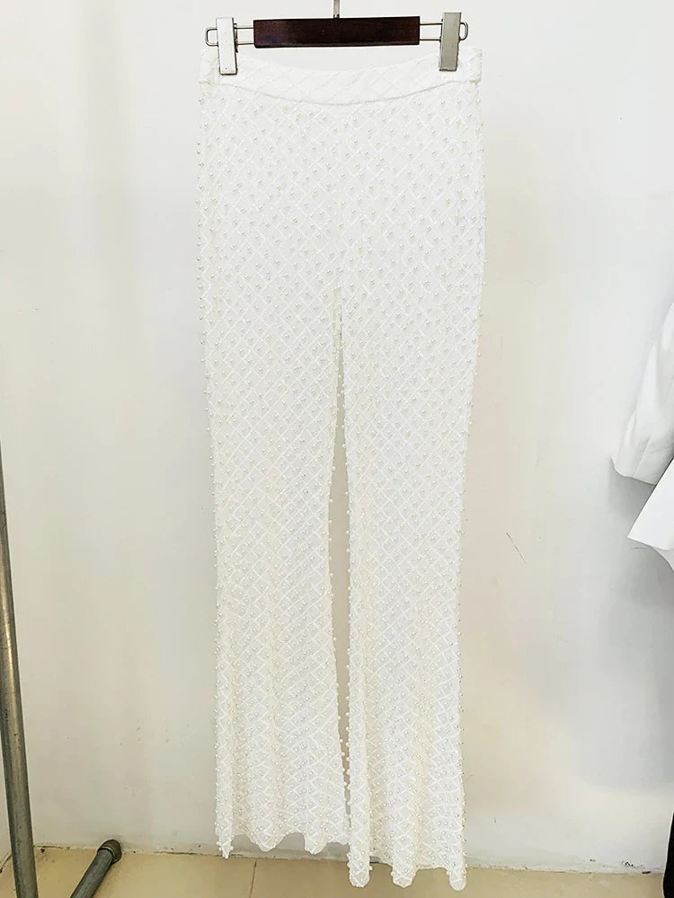 HOLLOW OUT FLOWERS APPLIQUES PEARLS BEADED BLAZER GAUZE PANTS
