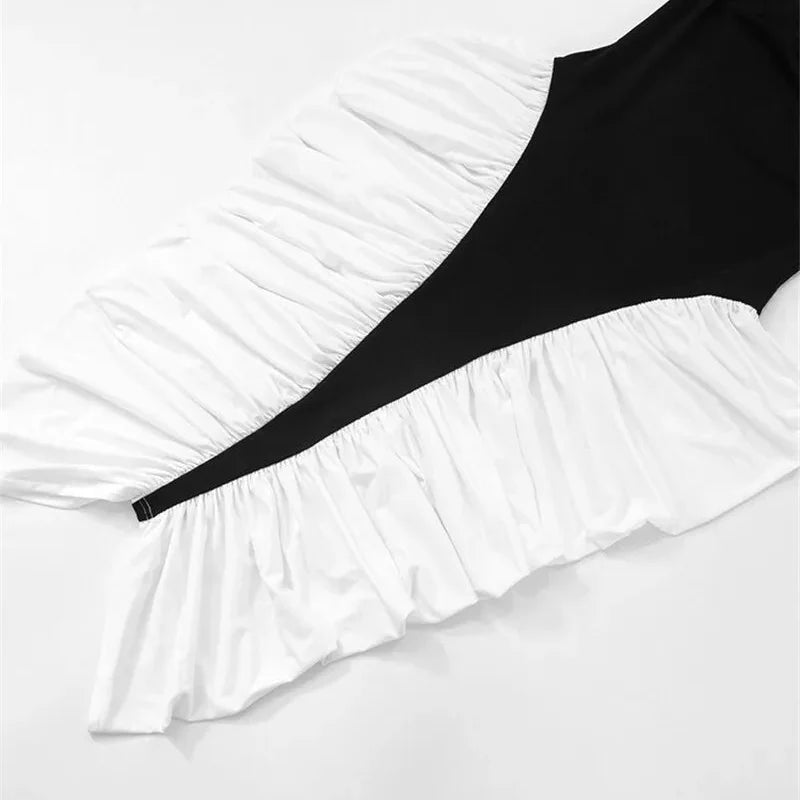PATCHWORK SLEEVELESS BLACK and WHITE BODYCON MIDI DRESS