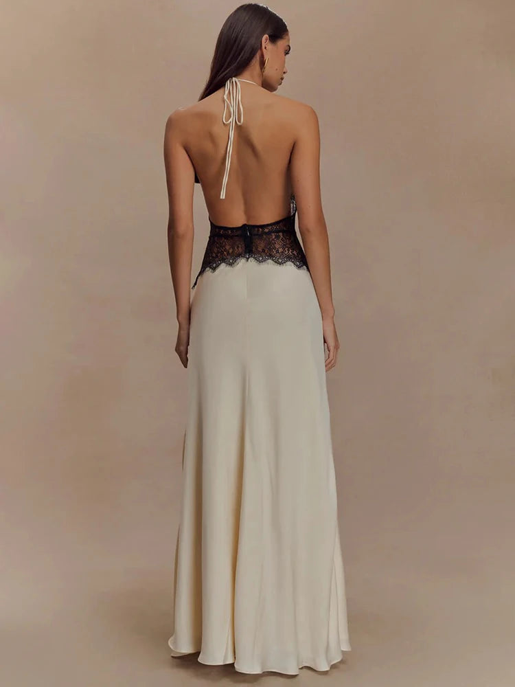 Elegant Backless Halter Maxi Dress with Lace Waist – Deep V Neck Sleeveless Summer Gown