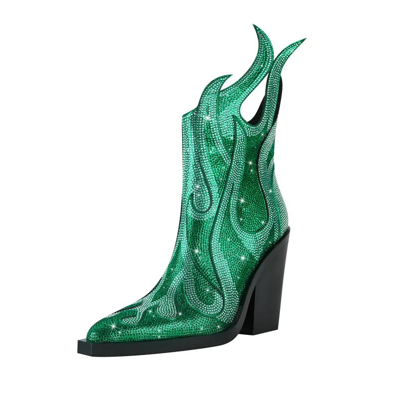 FLAME SHAPE SHORT BOOTS THICK HEEL with CRYSTALS