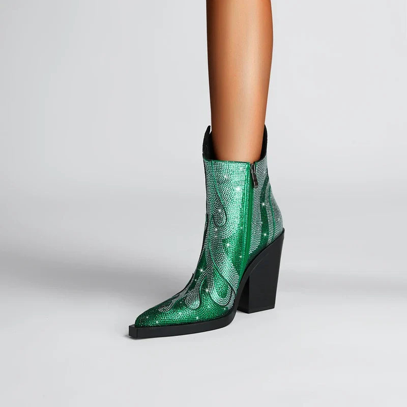 FLAME SHAPE SHORT BOOTS THICK HEEL with CRYSTALS