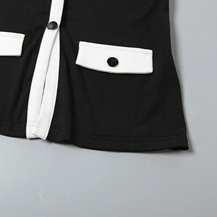 Elegant Black Knit Shorts and Top Set for Women – Chic Round Neck with White Trim and Pockets
