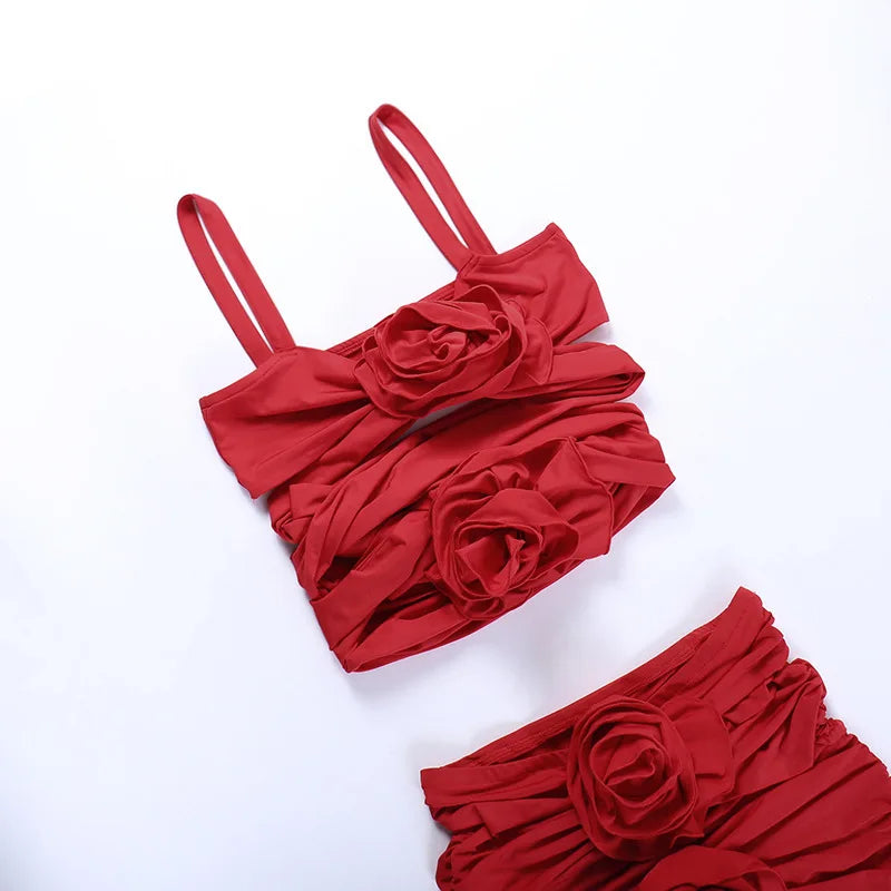RED TOP and SKIRT SET with FLOWERS