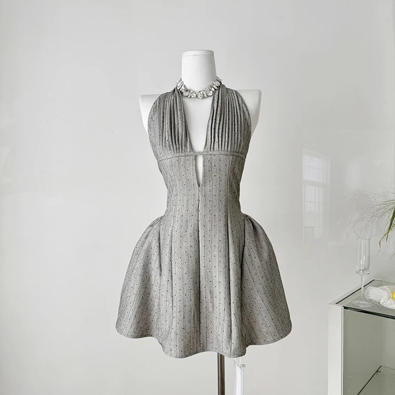 Gray Halter Neck Mini Dress – Sexy V-Neck Backless Party Dress for Women