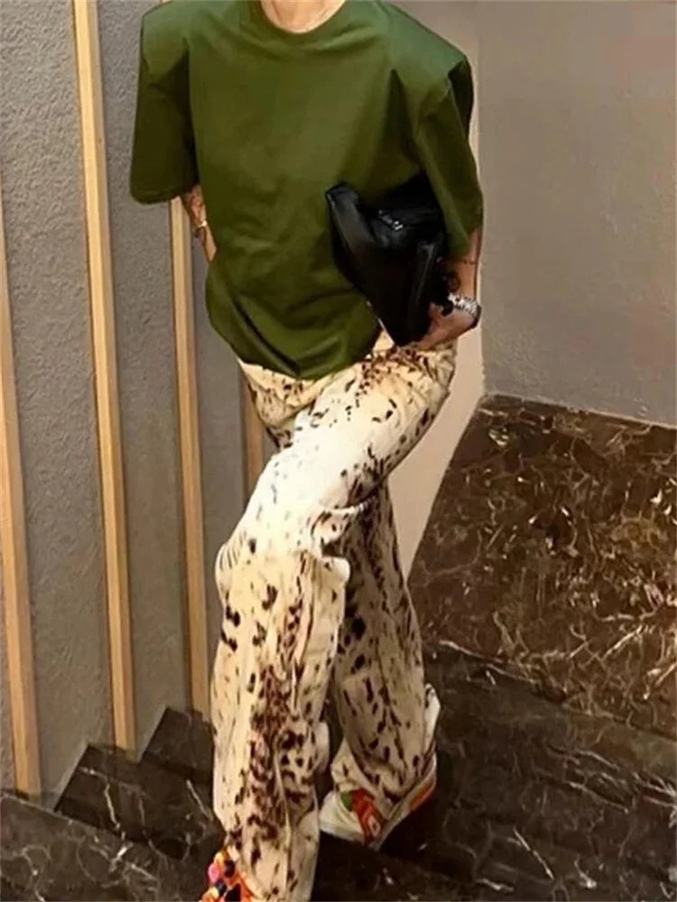 Leopard Print Wide Leg Jeans – High Waisted Vintage Streetwear Denim Pants for Women
