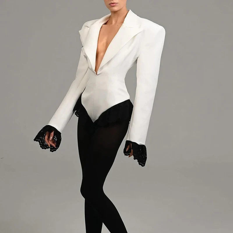 V NECK LACE RUFFLES BLAZER JUMPSUIT
