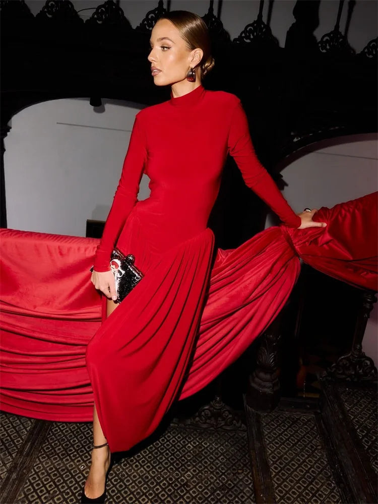 BACKLESS PLEATED LONG SLEEVE DRESS