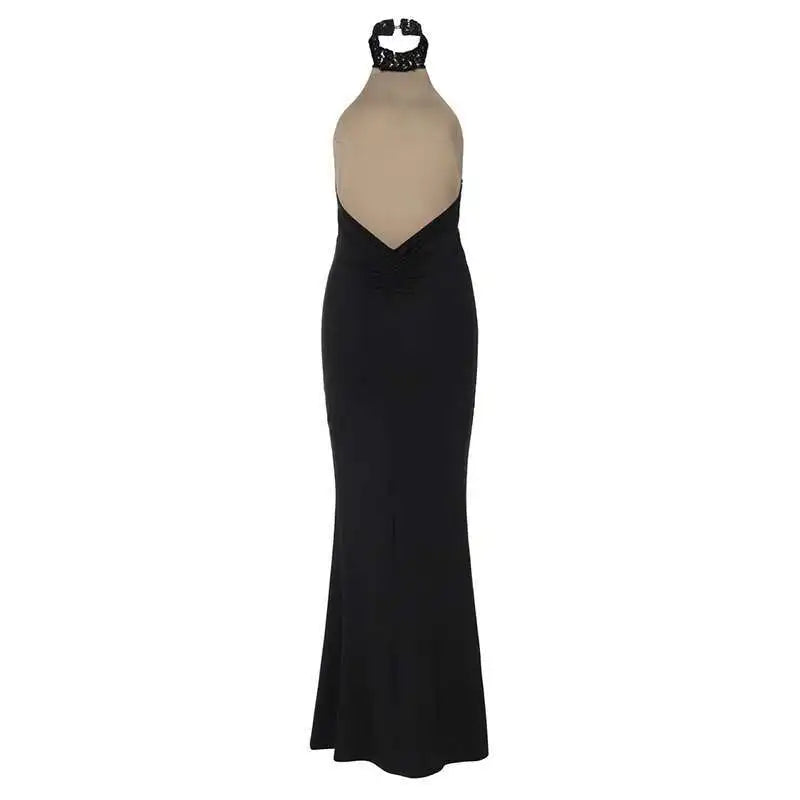 Lace Halter Backless Maxi Dress – Elegant Black Bodycon Evening Gown for Women