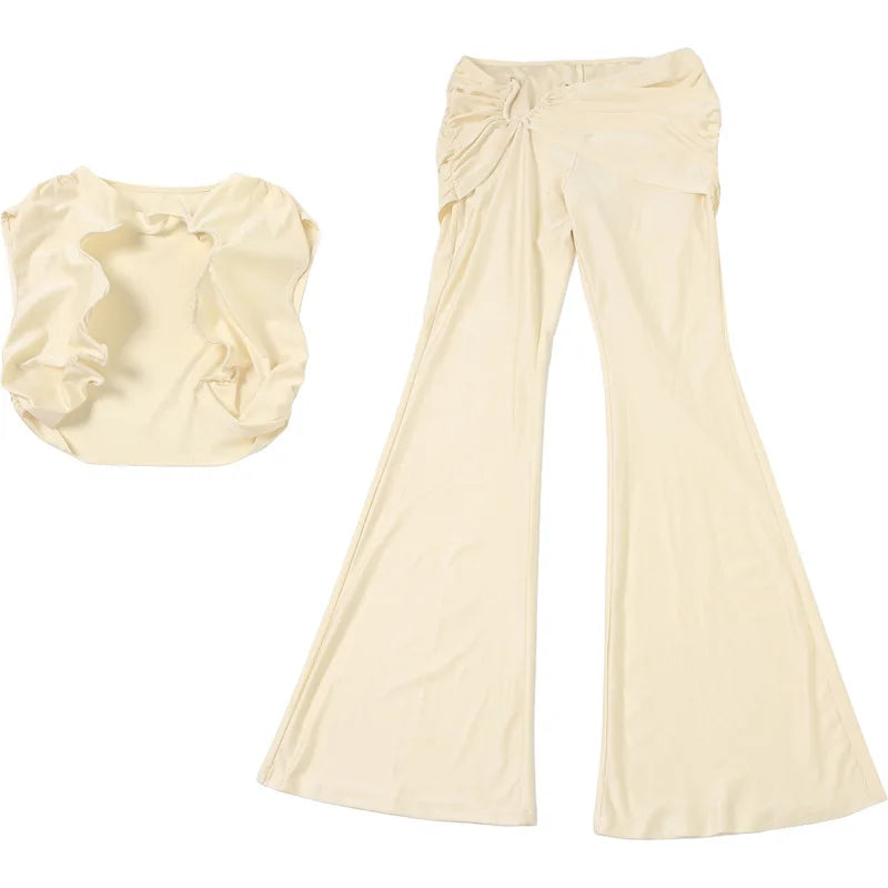 ASYMMETRICAL HOLLOW OUT TOP and HIGH WAIST PANTS 2 PIECE SET
