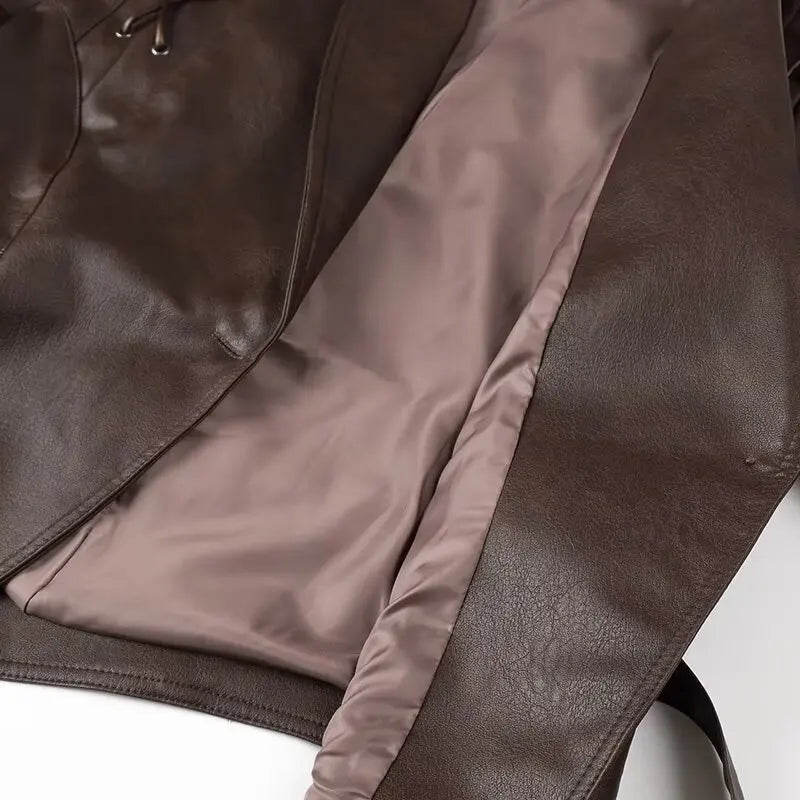 Chic Faux Leather Jacket for Women – Belted PU Coat with Dropped Shoulders