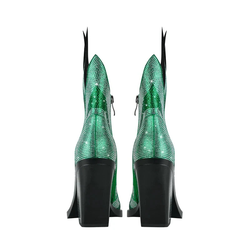 FLAME SHAPE SHORT BOOTS THICK HEEL with CRYSTALS